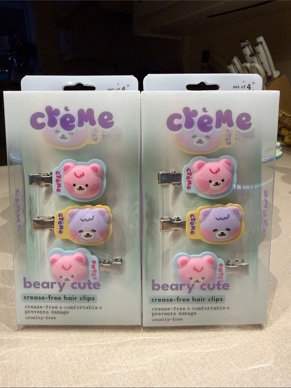 2 packages of crème Beary Cute Kids Hair Clips - Pink & Purple Bear Design